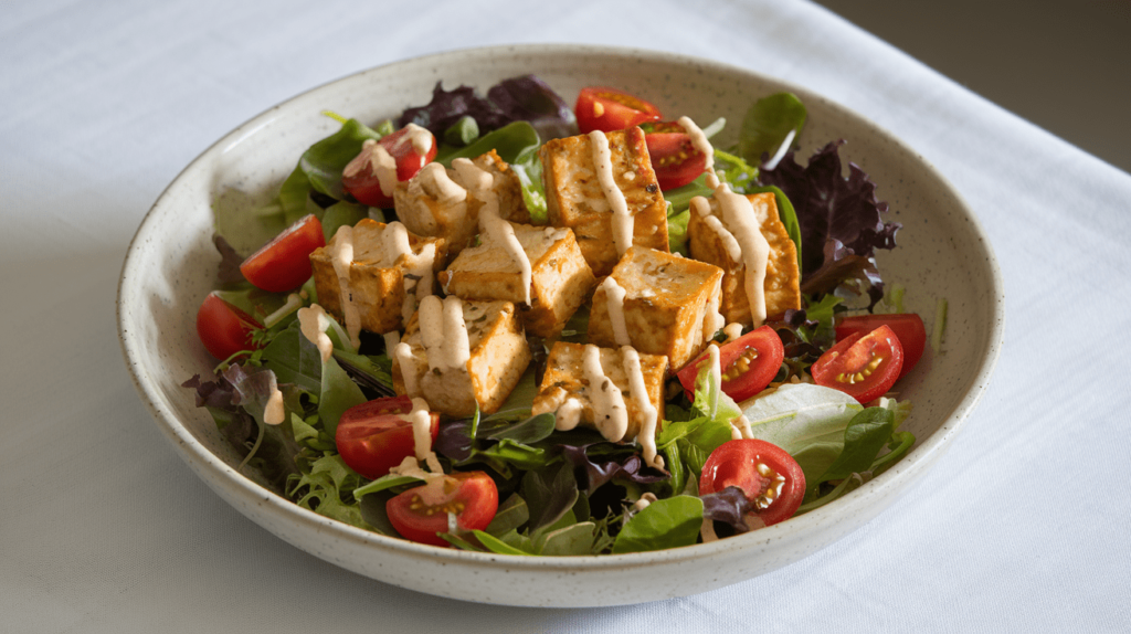 Air-fried tofu pieces served on a salad with mixed greens, cherry tomatoes, and vinaigrette.