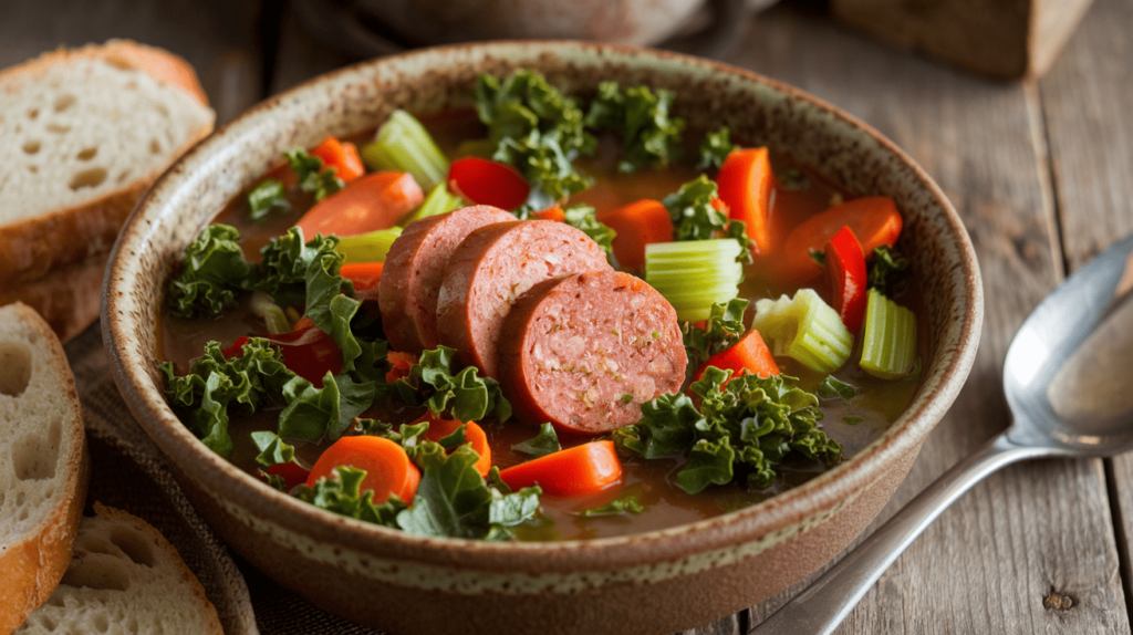 A hearty bowl of swamp soup filled with leafy greens, colorful vegetables, and optional protein like smoked sausage, served in a rustic ceramic bowl.