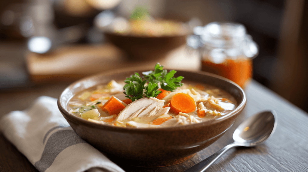 A bowl of chunky chicken soup with vegetables and fresh parsley