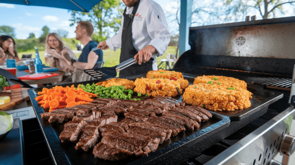 Hibachi-style steak, fried rice, and vegetables cooking side-by-side on a Blackstone griddle.