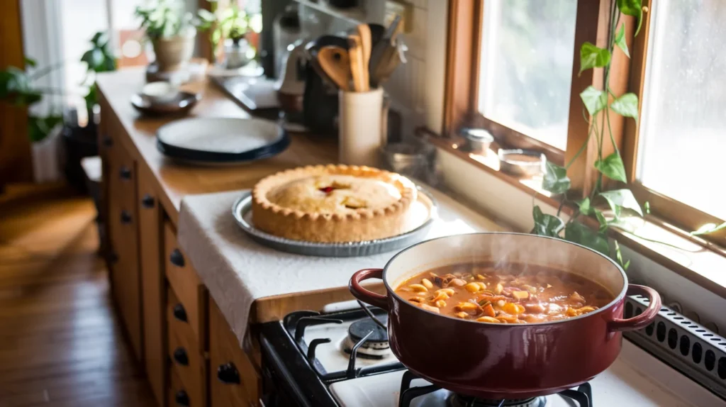 A home kitchen with a pot of soup on the stove and a freshly baked pie cooling on the counter.