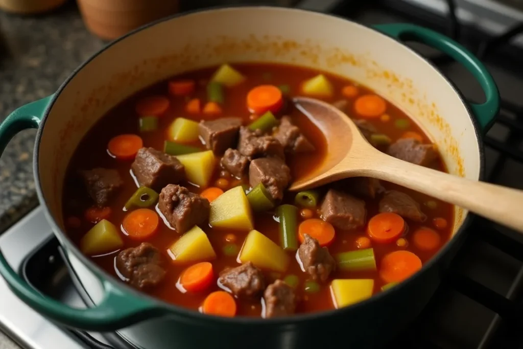 A pot of homemade beef stew simmering, filled with fresh vegetables and chunks of beef.