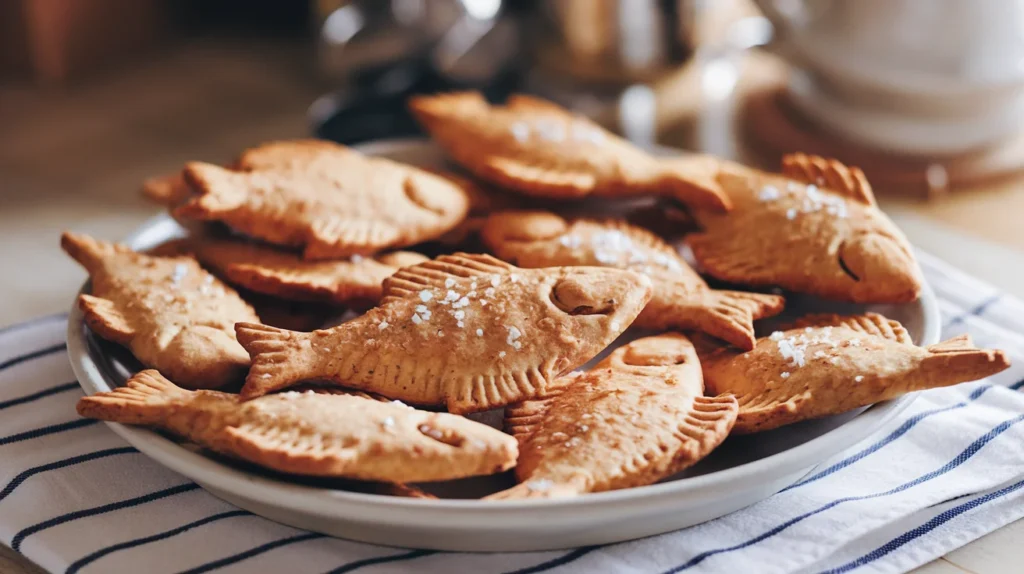 Homemade gluten-free crackers shaped like fish, served on a plate.