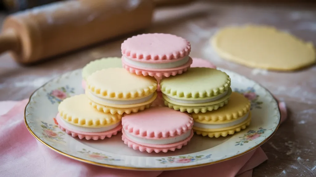 A plate of homemade cream wafer cookies in pastel colors like pink, yellow, and green