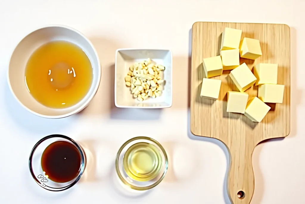 Ingredients for honey garlic sauce including honey, garlic, soy sauce, and butter.