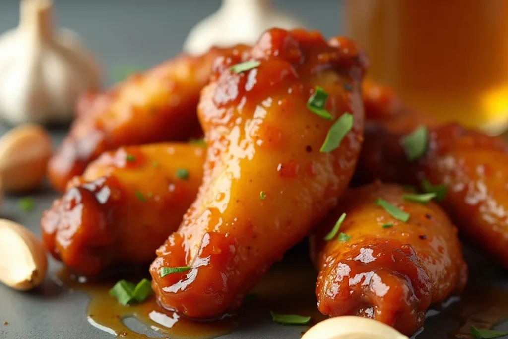 Close-up of honey garlic chicken wings with a sticky glaze.