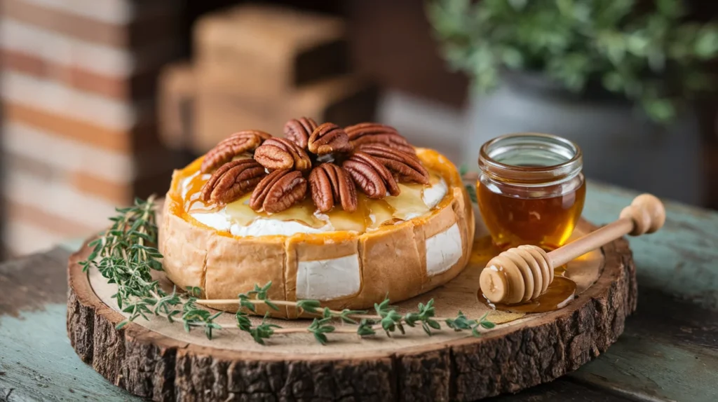 A baked Brie en croûte wrapped in puff pastry and drizzled with honey and pecans.