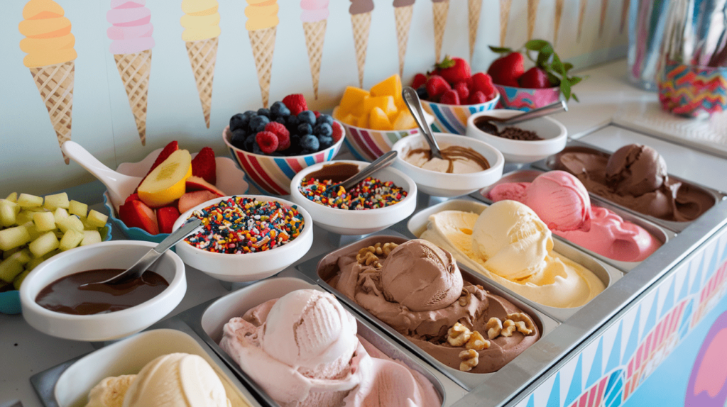 A vibrant ice cream sundae bar with toppings like chocolate sauce, sprinkles, and fruits.