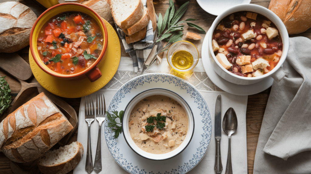 A selection of Italian soups, including minestrone, ribollita, and pastina soup, on a beautifully set table.