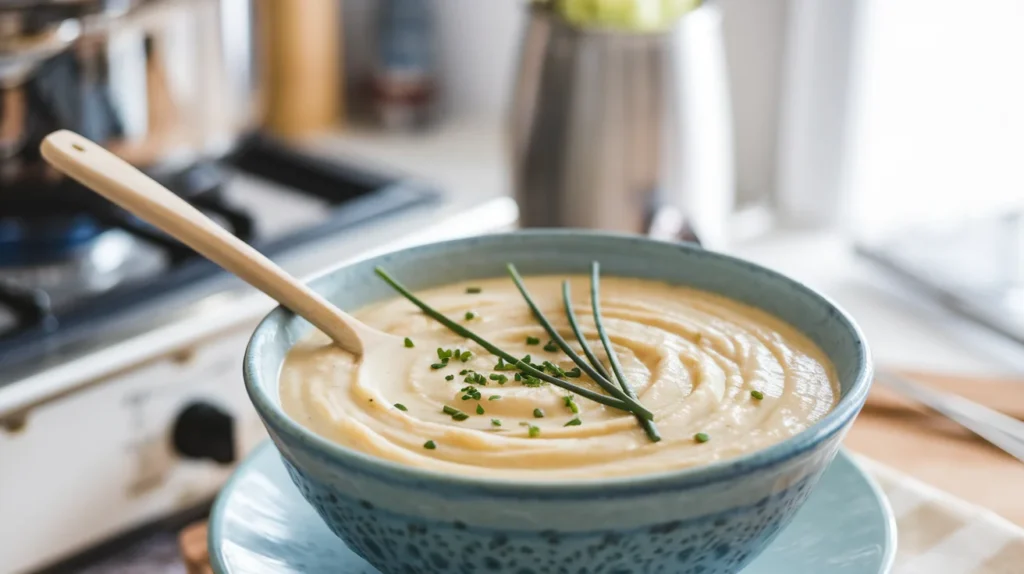 A reheated potato soup with a grainy texture, showing the effects of improper freezing.