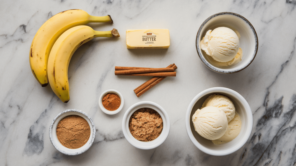 Bananas, butter, brown sugar, cinnamon, rum, and vanilla ice cream on a marble countertop