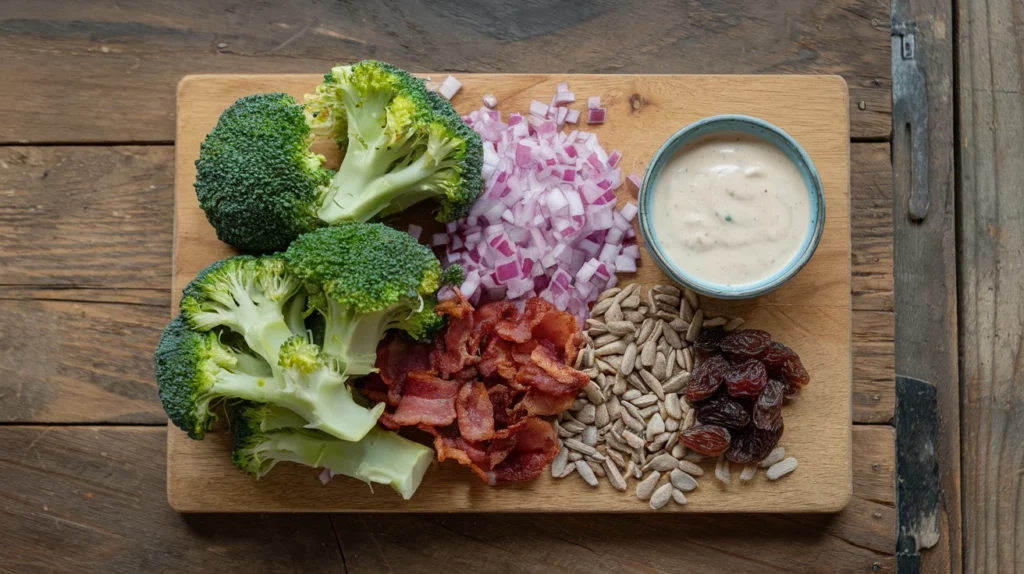 A flat lay of ingredients for broccoli salad, including fresh broccoli florets, diced red onion, bacon, sunflower seeds, raisins, and a bowl of creamy dressing.