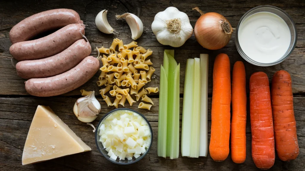 Fresh ingredients for creamy sausage soup, including Italian sausage, ditalini pasta, garlic, onion, and heavy cream.