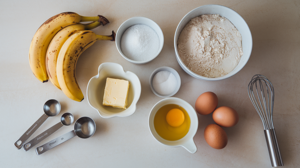 Ingredients for banana bread, including overripe bananas, flour, sugar, butter, eggs, and baking soda, arranged neatly on a countertop.