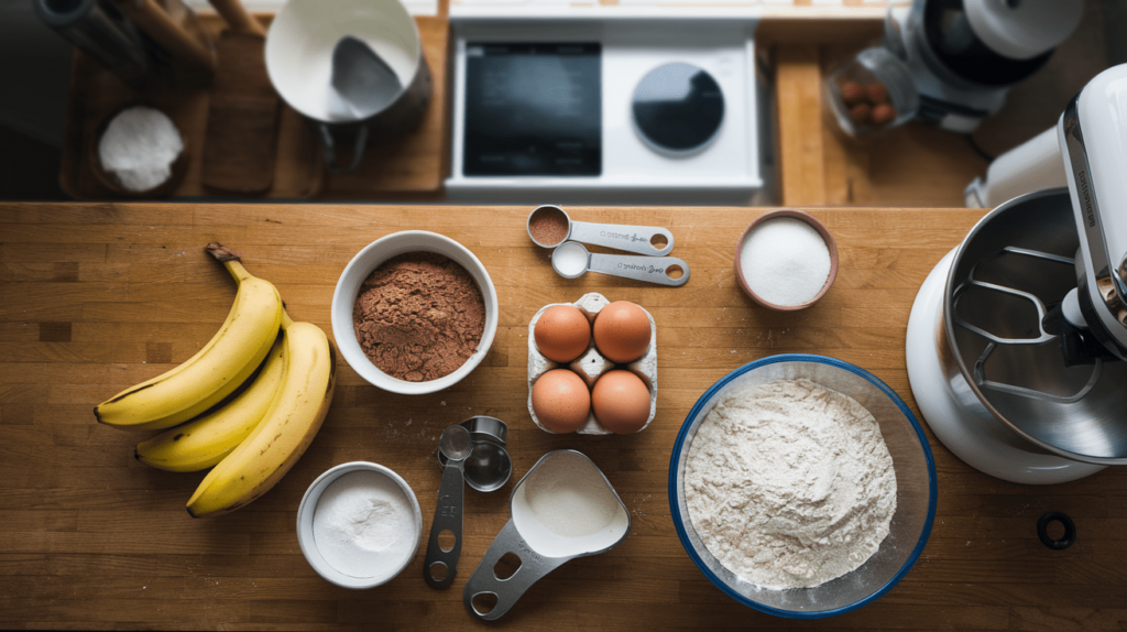 Ingredients for banana bread brownies, including bananas, cocoa powder, flour, eggs, and sugar, arranged on a wooden countertop.