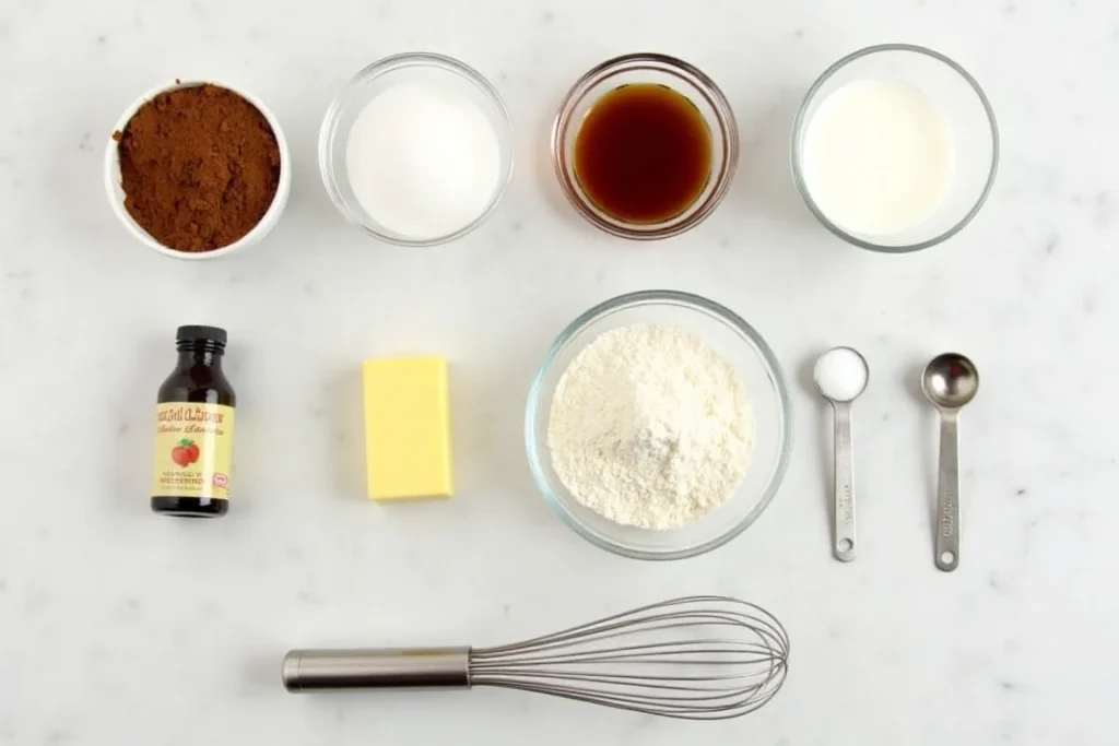 Measured ingredients for chocolate gravy arranged neatly on a countertop, including cocoa powder, sugar, milk, butter, vanilla extract, flour, and salt.