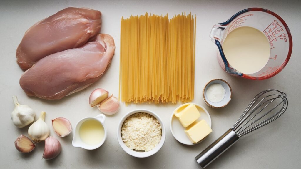 Raw chicken breasts, pasta, garlic, heavy cream, butter, and parmesan cheese arranged neatly on a countertop.