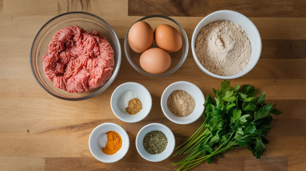 A flat lay of ingredients for gluten-free meatballs, including ground meat, eggs, parsley, almond flour, and seasonings.