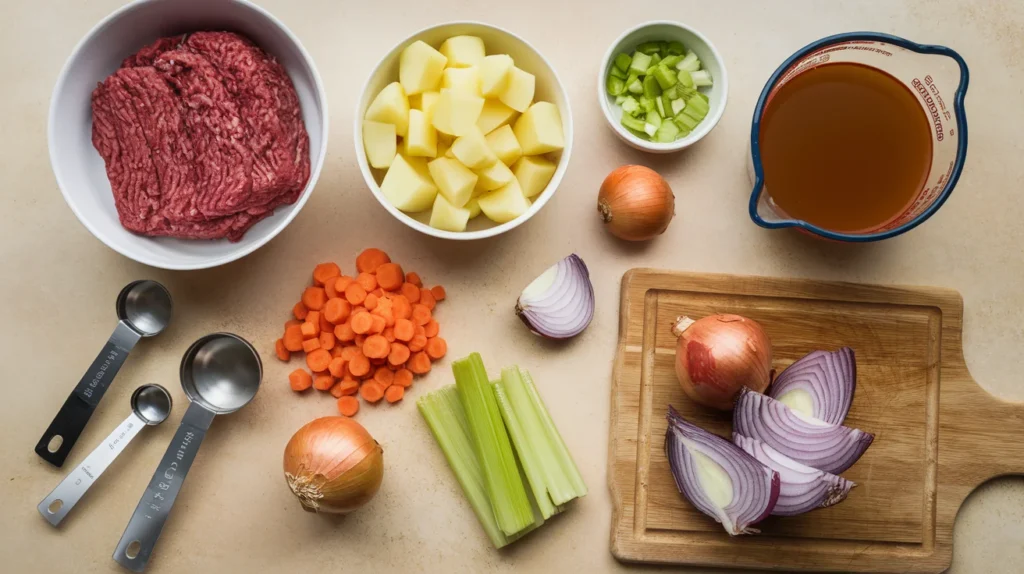 Ingredients for hamburger potato soup, including ground beef, potatoes, carrots, celery, onions, broth, and seasonings, arranged on a countertop.