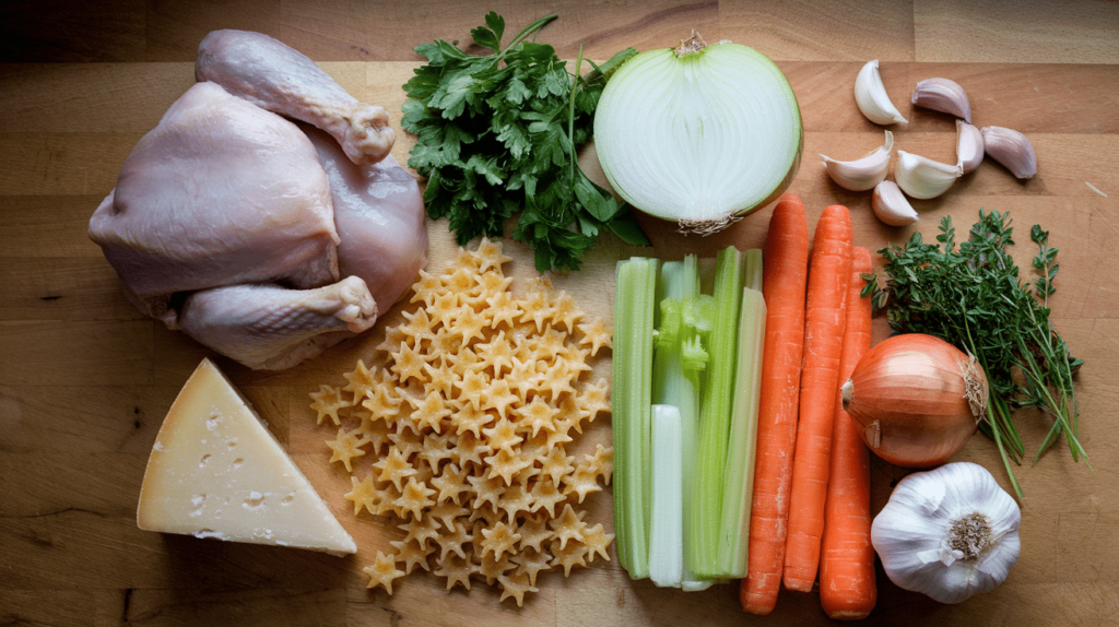 Fresh ingredients for Italian Penicillin Soup, including chicken, pastina, carrots, celery, onion, garlic, and fresh herbs on a kitchen counter.