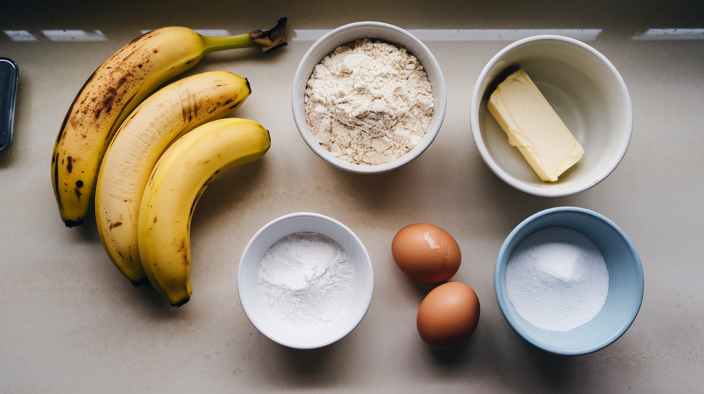 Key ingredients for banana muffins, including overripe bananas, flour, sugar, eggs, butter, and baking soda, arranged neatly on a countertop.