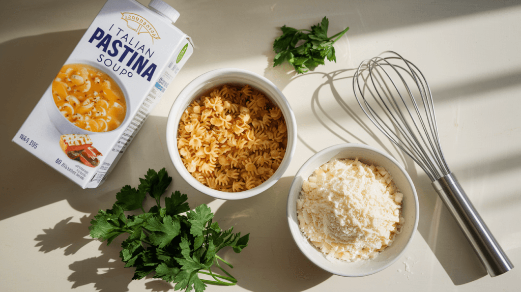 Key ingredients for pastina soup, including chicken broth, pastina pasta, Parmesan, and fresh herbs.