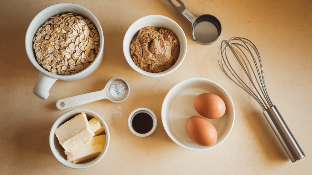 Ingredients for Quaker oatmeal cookies, including oats, brown sugar, cinnamon, eggs, and butter, neatly arranged on a countertop.