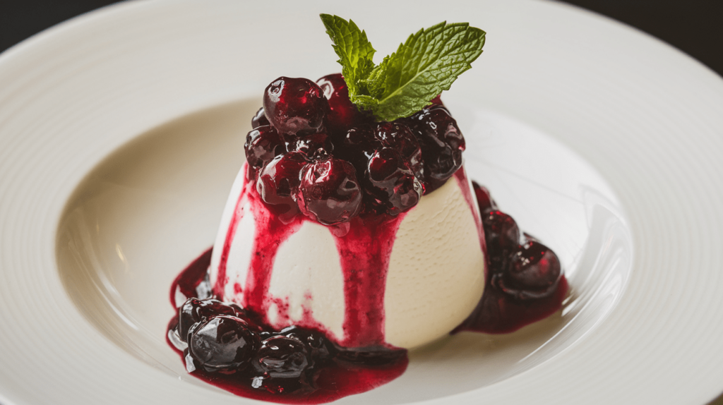 A smooth panna cotta topped with vibrant red berry compote and a sprig of mint.