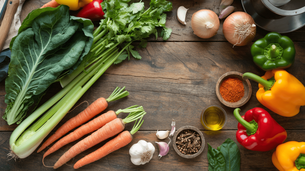 Fresh key ingredients for swamp soup, including collard greens, carrots, celery, onions, bell peppers, garlic, and a bottle of olive oil.