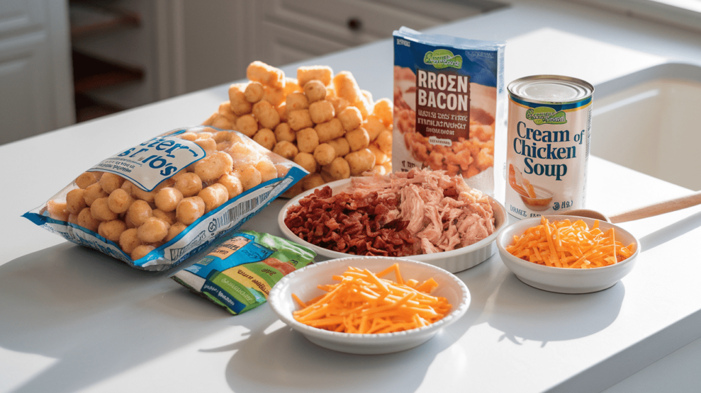 Ingredients for Chicken Bacon Ranch Tater Tot Casserole: shredded chicken, tater tots, ranch seasoning, cheese, cream of chicken soup, and bacon, neatly arranged on a counter.