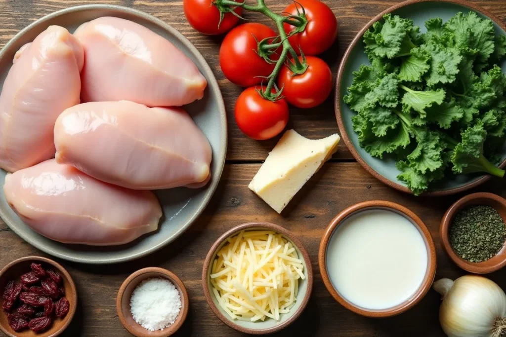 Fresh ingredients for making creamy Tuscan chicken soup displayed on a wooden countertop.