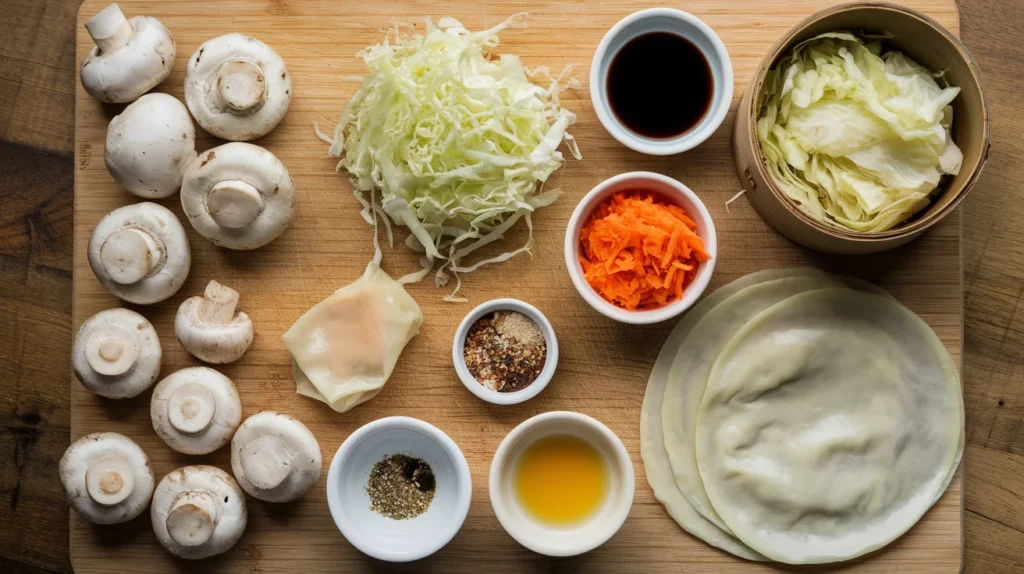 Ingredients for vegetarian soup dumplings, including dumpling wrappers, mushrooms, cabbage, carrots, agar agar, and soy sauce, arranged neatly.