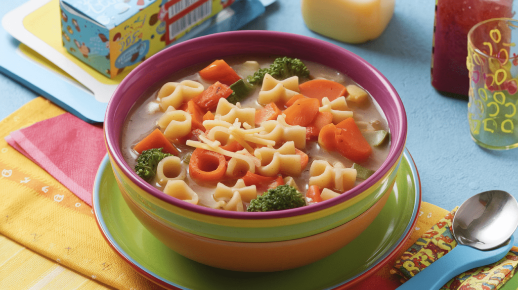 Smooth vegetable soup with alphabet-shaped pasta, perfect for kids.