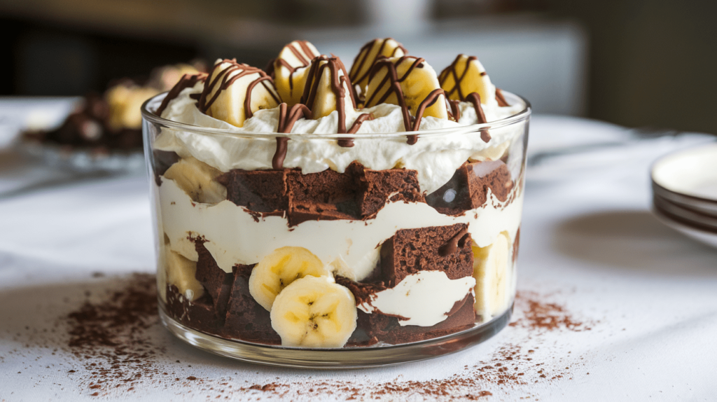 A layered dessert trifle with cubes of banana bread brownies, whipped cream, and sliced bananas.