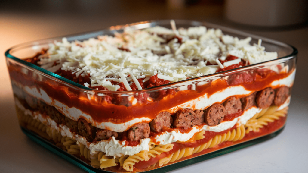 A casserole dish with layers of ziti, cheese, sausage, and marinara sauce before baking.