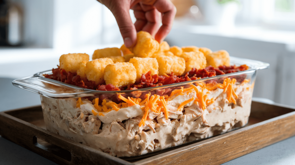 A casserole dish being layered with chicken mixture, shredded cheese, crumbled bacon, and neatly arranged tater tots.