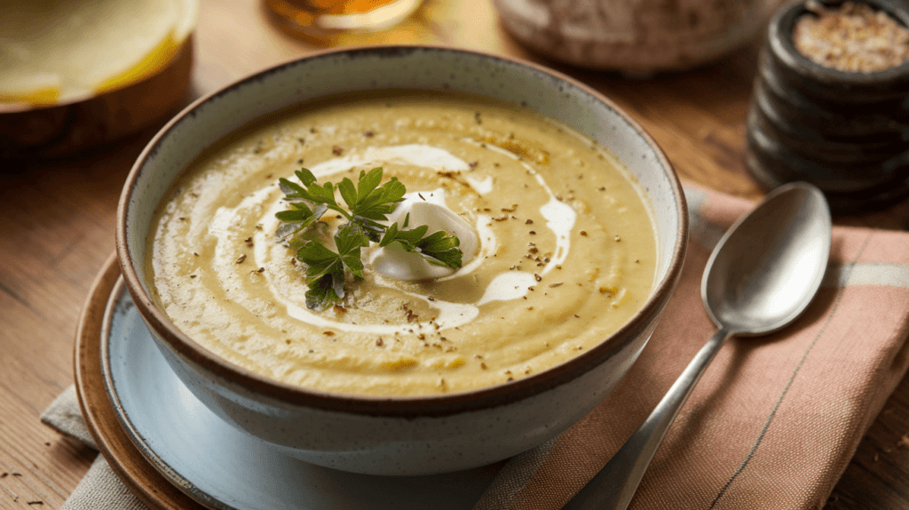 A creamy bowl of leek and potato soup garnished with fresh parsley.