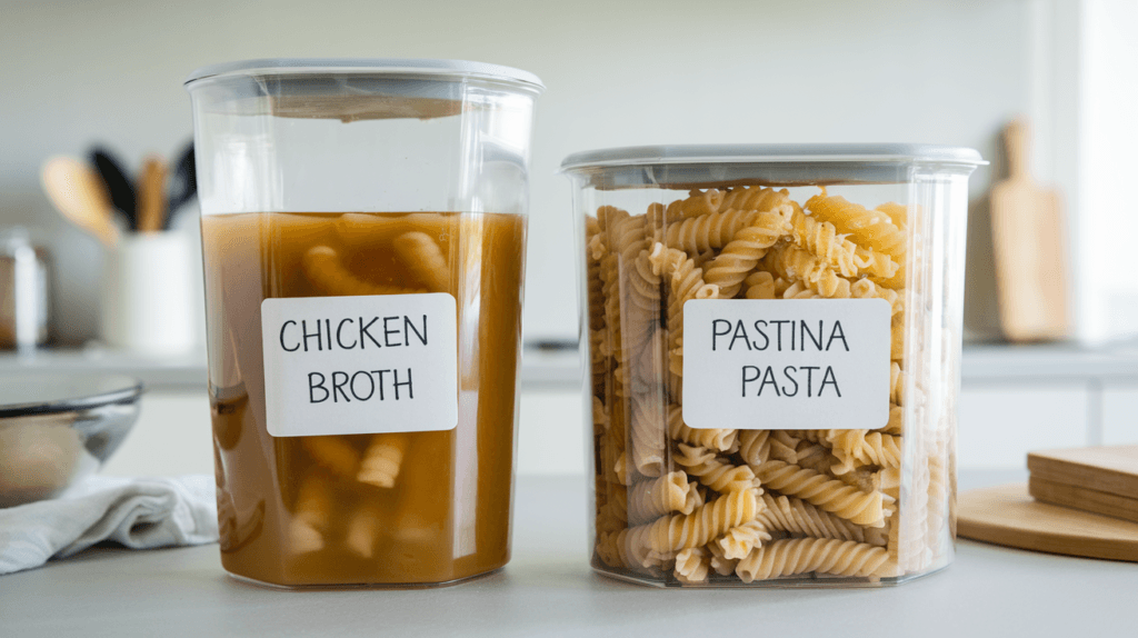 Leftover pastina soup stored in airtight containers with broth and pasta separated.