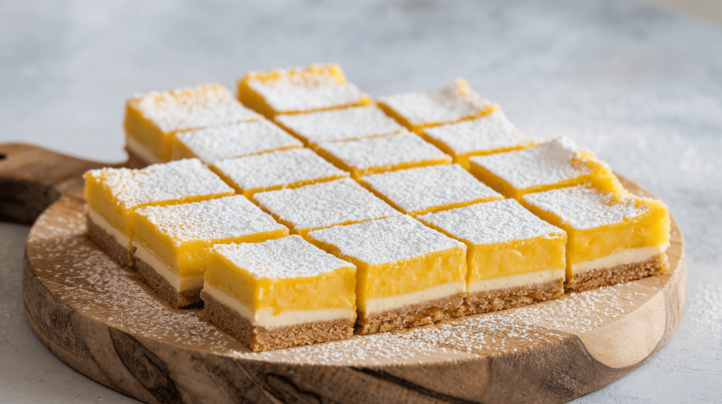 Lemon bars dusted with powdered sugar on a wooden cutting board.