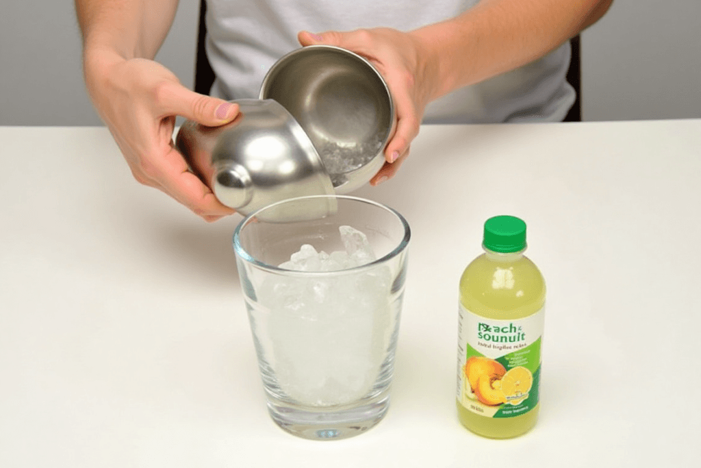 A person shaking a silver cocktail shaker filled with ice, peach juice, sour mix, and lemon-lime soda, preparing a non-alcoholic green tea shot.