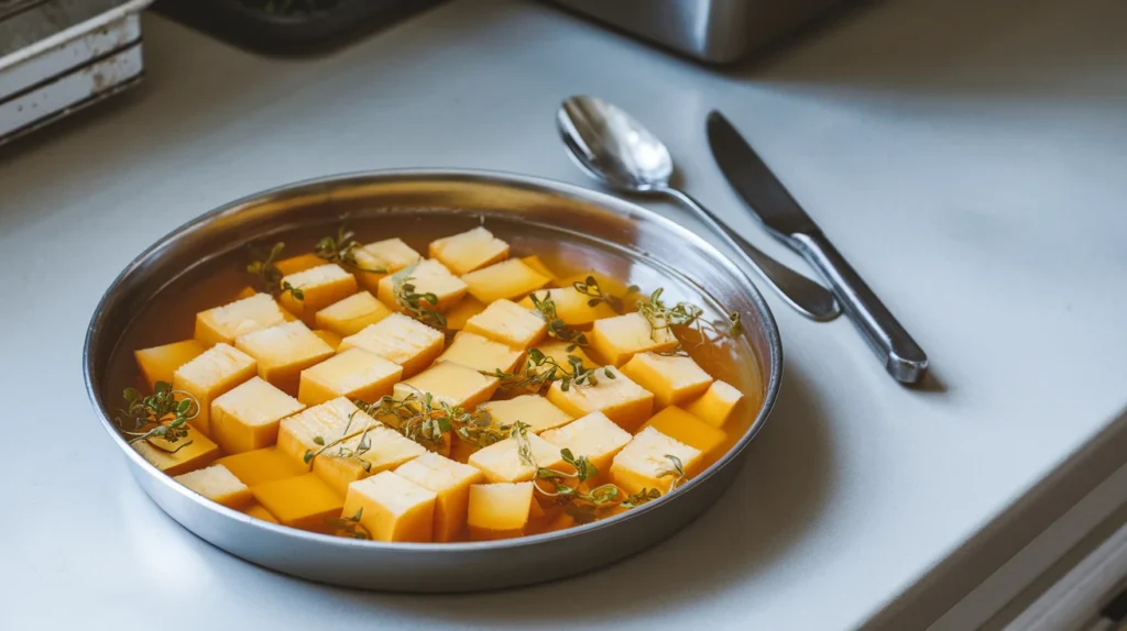 A shallow dish of vegetable broth gelée, set and cut into small cubes.