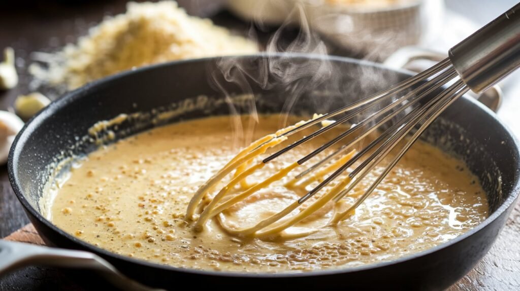 A skillet of creamy garlic parmesan sauce being whisked, with steam rising.