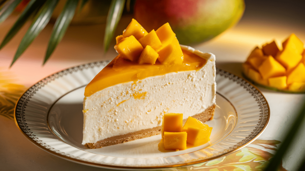 A slice of creamy mango cheesecake garnished with fresh mango cubes and a drizzle of mango glaze.