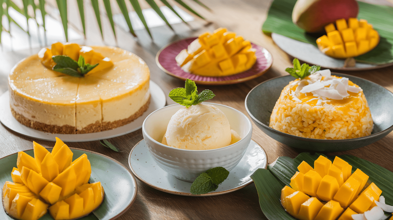 A colorful variety of mango-based desserts, including cheesecake, sorbet, and sticky rice, displayed on a table.