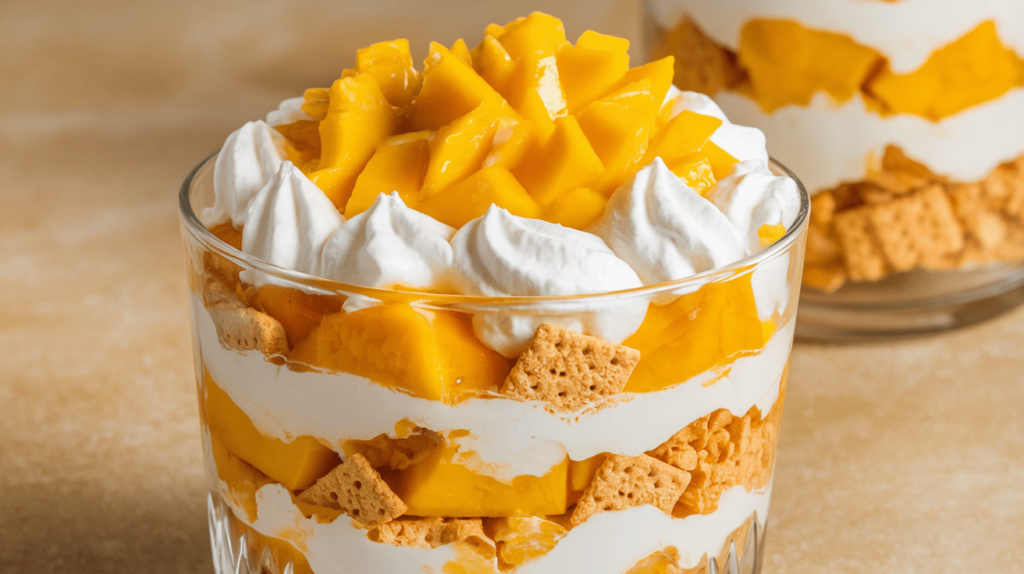 Close-up of a layered mango float dessert with graham crackers, whipped cream, and fresh mango slices.