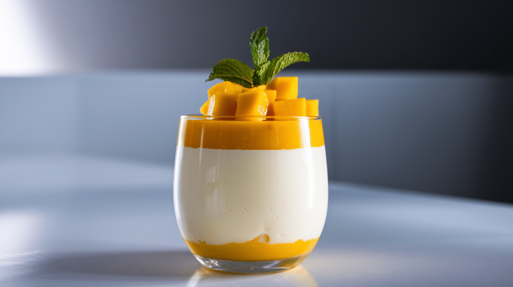 Mango panna cotta in a glass, topped with mango puree and fresh mango cubes.