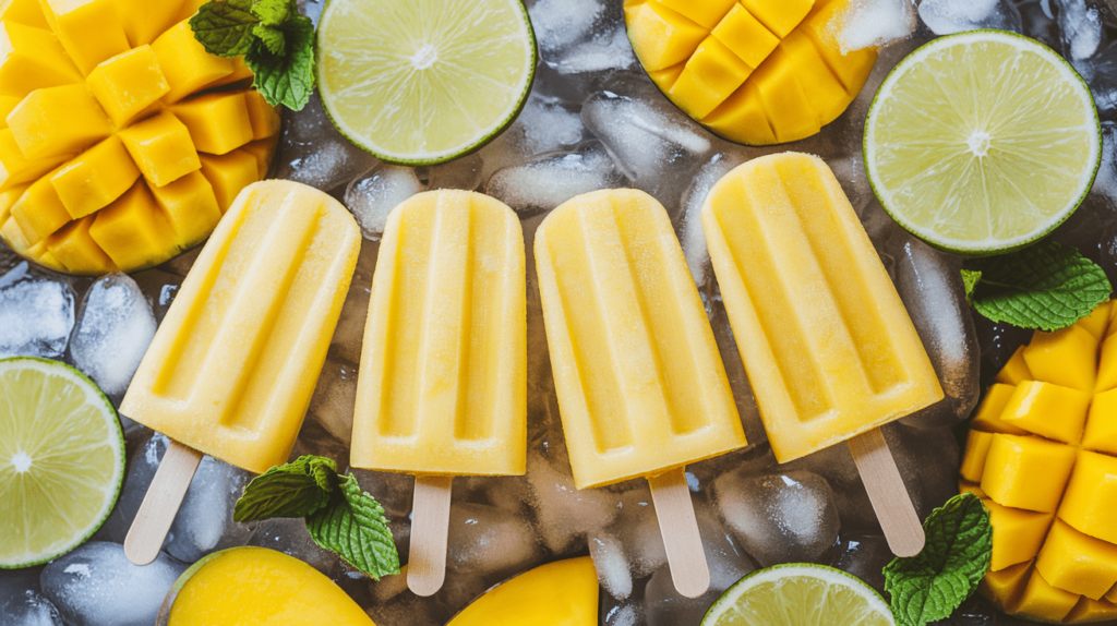 Homemade mango popsicles resting on a bed of crushed ice, garnished with lime slices.