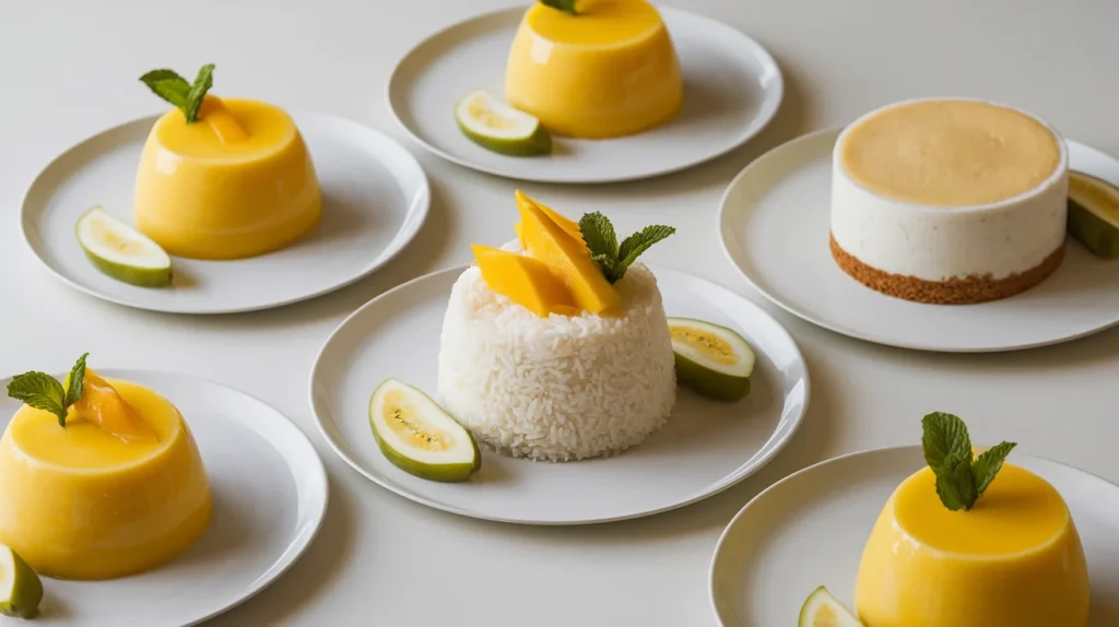 Mango pudding, sticky rice with mango, and Japanese cheesecake displayed on minimalist white plates.