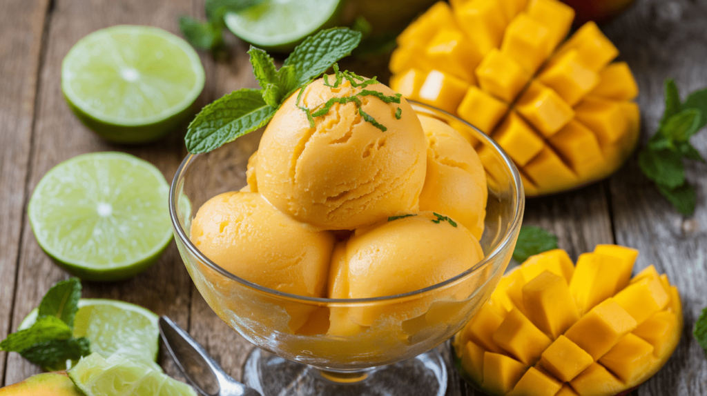 A bowl of homemade mango sorbet garnished with fresh mint leaves and lime zest.