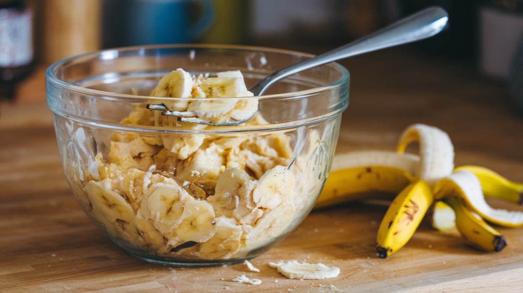 A bowl of mashed overripe bananas with a fork next to it, ready to be mixed into the batter.